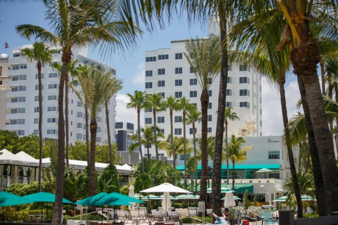 a group of palm trees in front of a hotel