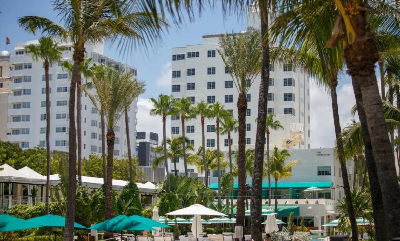 a group of palm trees in front of a hotel